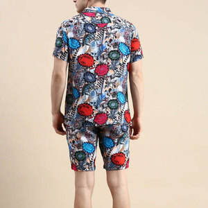 Ensemble chemise et short à manches courtes pour homme, imprimé floral, col en V, coupe classique, vêtements décontractés, tissu polyester respirant - Product Image 4