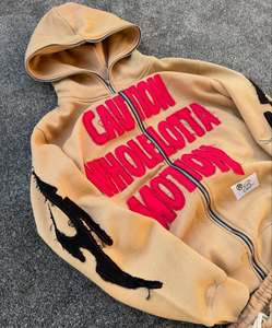 Sudadera con capucha personalizada con efecto deslavado por el sol, bordado, forro interior de 450 GSM, pedrería en las mangas, algodón premium, efecto descolorido por el sol, con cremallera. - Product Image 3