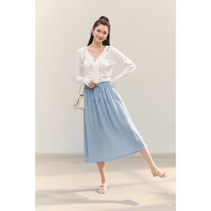 Jupe midi côtelée extensible pour femme avec taille élastique et cordon de serrage, coupe confortable pour le quotidien, fabricant grossiste - Product Image 1