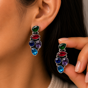 Wholesale Antique <b>Silver</b>-Plated Bulk Supplier Multi Stone Bezel Setting <b>Stud</b> <b>Earrings</b> Women Direct Factory Manufacturer ARTS - Product Image 2