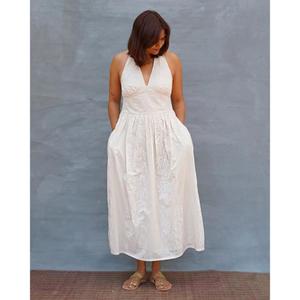 Vestido de Verano Boho para Mujer, Blanco, Cuello en V, Mini, Tejido, con Cinturón, Sin Mangas, con Mangas Abullonadas, Elegante, Casual, de Algodón, Largo - Product Image 2