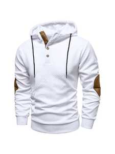 Sudadera con Capucha Beige para Hombre, Corte Regular, Color Sólido, Cuello con Botones, Estilo Casual, Manga Larga, Tejido de Algodón, Estilo Otoñal - Product Image 2