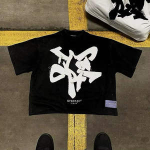 Camiseta Retro Americana Casual 100% Algodón, Cuello Redondo, Corte Cuadrado, Oversize, con Parche Bordado Desgastado para Hombre - Product Image 4