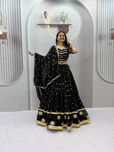 Black Embroidered Floor-Length Quick Dry <b>Lehenga</b> Set <b>Women</b> Indian Pakistani Outfit Floral Border Net Dupatta Wedding Party Dress - Product Image 1