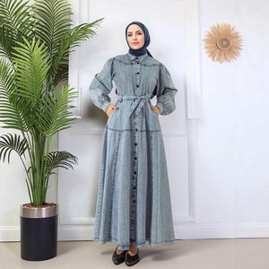 Vestido Maxi de Mezclilla para Mujer, Estilo Musulmán de Oriente Medio, con Cuello de Solapa, Elegante, para Ramadán, Jalabiya, Abaya Árabe, con Botones y Cinturón - Product Image 1