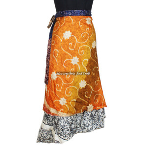 <b>Skirts</b> Indian Silk Wrap Vintage <b>Skirt</b> Women Handmade Double Layer Women Wear Vintage Silk Sari <b>Long</b> Length Wrap Around <b>Skirt</b> - Product Image 5