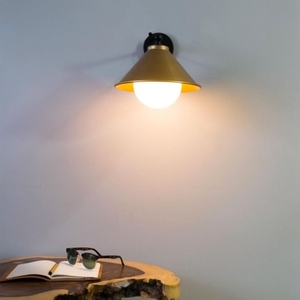 Modern cone <b>wall</b> <b>sconce</b> with a sleek black mounting arm and warm gold metal shade Designed to provide soft ambient <b>lighting</b> - Product Image 3