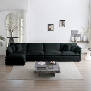 Divano Componibile a U Modulare 5 Posti Convertibile per Soggiorno con 1 Pouf in Ciniglia Nera - Product Image 1