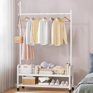 Minimalist <b>Standing</b> <b>Clothing</b> <b>Rack</b> with Wheels Double Tier Metal Storage Holder for Wardrobe Multifunctional Design - Product Image 1