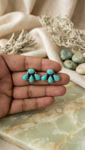 Kingdman Mohave Turquoise Cluster Stud <b>Earrings</b> | Handmade Silver Southwestern Statement Boho Western Jewelry - Product Image 4