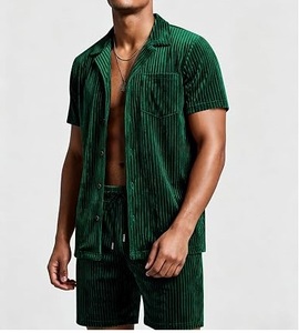 Wholesale OEM Service Velour Short Sleeve Shirt & Shorts <b>Set</b> Turn-down Collar Brown Color Loose Fit Fitness Velvet Tracksuits - Product Image 6