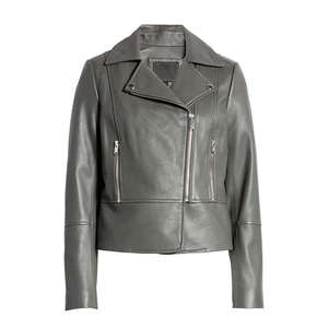 Chaqueta de cuero corta para mujer, color gris sólido, 100% de alta calidad, estilo motero, de piel de oveja, para invierno, gran venta 2026 - Product Image 2