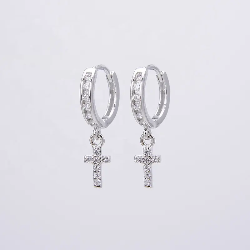 925 Sterling Silver Cross Ring Earrings huggies Cross Pendant Zircon Earrings