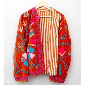 Floral Embroidery <b>Reversible</b> Velvet Jacket Mandarin Collar Short <b>Coat</b> Eco-Friendly Breathable Unisex 100% Cotton Shell All - Product Image 3