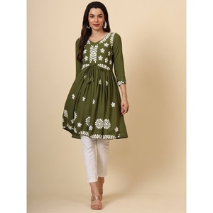 ATTRACTIVE LIVA RAYON LUCKNOWI CHICKENKARI WORK ONLY <b>KURTI</b> MEHNDI - Product Image 1