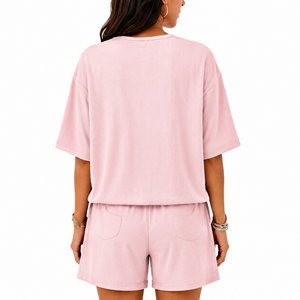Ensemble 2 pièces pour femmes, manches courtes, coupe ample, au-dessus du genou, haut côtelé à col en V et short, ensemble décontracté pour se détendre et dormir - Product Image 5