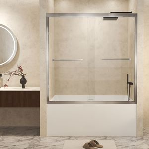 Porta Doccia Scorrevole Doppia in Vetro Temperato Antiesplosione 56x60 Pollici con Telaio in Alluminio e Acciaio Inossidabile da 1/4 Pollici (6mm) - Product Image 1