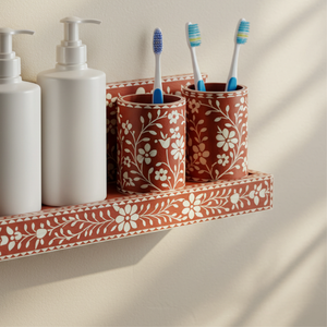 Handcrafted Floral Bone Inlay Bathroom Organizer Set <b>Wall</b>-Mounted Vanity Shelf with Soap Dispensers and <b>Toothbrush</b> <b>Holders</b> - Product Image 4