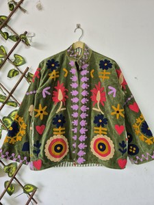 Holiday New Style Indian Soft <b>Velvet</b> Suzani Embroidered Short Duster Jacket,<b>Velvet</b> Bomber & Hippie <b>Coat</b> Winter Warm Outerwear - Product Image 2