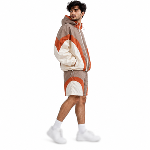Conjunto de Sudadera con Capucha y Pantalones Cortos Cortavientos Personalizados para Hombre con Bloques de Color, Fabricante OEM, Chaqueta Cortavientos de Nylon con Paneles, Chándal Deportivo Activo - Product Image 3