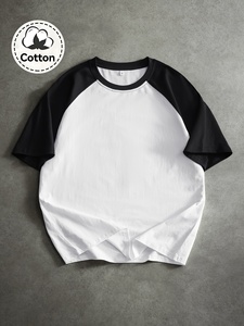 Camiseta de Manga Raglán de Algodón para Hombre, Cuello Redondo, Corte Regular, Color Sólido, Estilo Casual, Negro con Ribete en Blanco, Tejido de Punto Jersey - Product Image 1