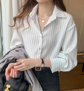 Camisa a rayas con botones para mujer, blusa informal clásica con cuello vuelto y manga larga, ropa de oficina para primavera y verano - Product Image 3