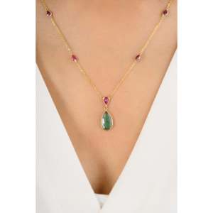 18K Yellow Gold Teardrop Emerald and Ruby <b>Necklace</b> <b>Chain</b> for Wedding Party Gift Anniversary - Product Image 4