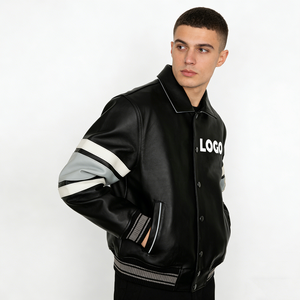 Veste en cuir PU pour homme, col rabattu, fermeture boutonnée, couleur unie noire, logo lettré sur le devant, tenue décontractée d'automne - Product Image 6