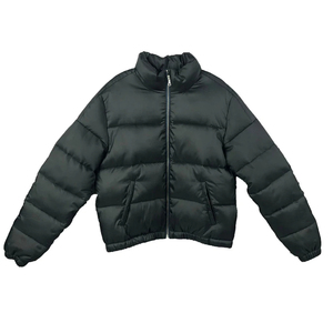 Men's Black Puffer <b>Jacket</b> Stand Collar <b>Zipper</b> Closure Windproof Winter Coat Casual Short Thick Polyester Fiber Filling - Product Image 1