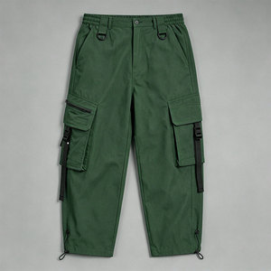 Men's Casual Olive Green Cargo Pants Elastic Waist Drawstring Closure Multiple Pockets Canvas Customizable High-quality Autumn - Product Image 4