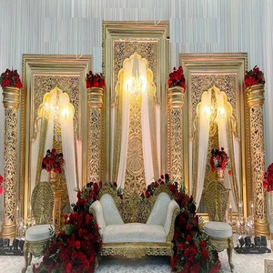 Ravishing Backdrop <b>Frames</b> for Muslim Walima Stage Mughal Theme Indian <b>Wedding</b> Stage Setup Grand <b>Wedding</b> Stage With Golden Panels - Product Image 1