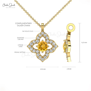 Latest Design Handcrafted 14k <b>Solid</b> <b>Gold</b> Floral <b>Pendant</b> Prong Set 3mm Citrine Gemstone & Diamond Minimalist Necklace for Women - Product Image 4