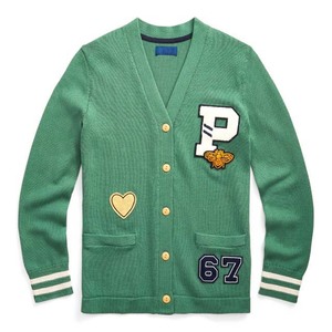 Cárdigan Verde de Punto para Mujer, Cuello en V, Manga Larga, Estilo Urbano, Logotipo P Bordado, Parche con Número 67, Diseño Vintage - Product Image 1
