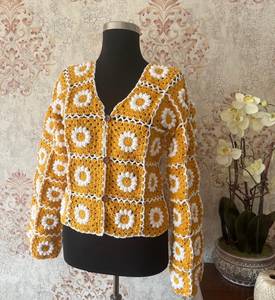 Women's <b>Crocheted</b> Yellow <b>White</b> Floral <b>Cardigan</b> V Neck Full Sleeve Vintage Spring Medium Length Button Closure - Product Image 1