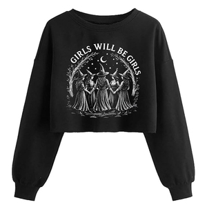Sweat-shirt court personnalisé avec impression graphique pour femmes, style gothique Sorcières, manches longues, en polaire, vente en gros - Product Image 3