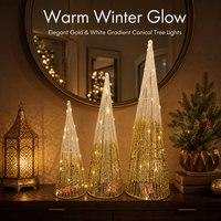 Ensemble de trois lampes coniques en métal à piles avec paillettes dégradées or et blanc pour la décoration de table de Noël