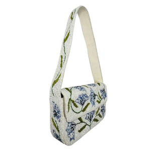 Bolso de Hombro Azul con Cuentas Florales, Bolso de Mano con Flores de Cuentas Hechas a Mano, Bolso de Mano con Diseño Floral en Color Marfil - Product Image 3