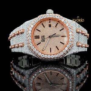 Montre de luxe en moissanite taille brillant VS1, cadran rose fait main, or rose, acier inoxydable, étanche 10 bars, mouvement quartz ETA, style hip-hop - Product Image 1