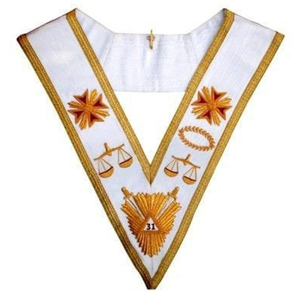 Custom Embroidered Masonic <b>Collar</b> V-Shaped White with Gold Trim Star Scales Emblem Sew-On Badge Garment Application - Product Image 1