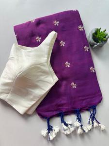 Premium Khadi Cotton Embroidered <b>Saree</b> With Plain Bollywood <b>Blouse</b> Traditional Ethnic Wear Women Collection - Product Image 2