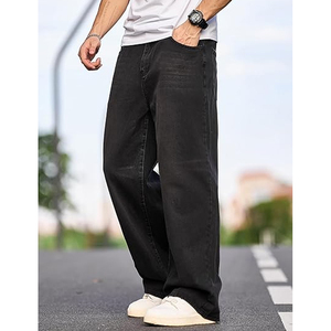Pantalon en jean ample tendance pour homme, noir délavé, coupe large, style streetwear décontracté - Product Image 3