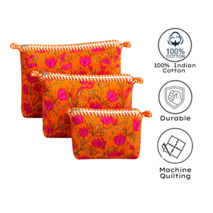 Bohemian Jaipur Block Print Cotton Quilted Cosmetic Bag Set <b>Orange</b> Pink Floral Soft Handle Multi Function Non Toxic Dyes Durable - Product Image 3