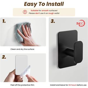 Heavy Duty Stainless Steel Wall <b>Hooks</b> Coat Rack Self-Adhesive 26lb Max Capacity Waterproof Rust <b>Sticky</b> Wall Hanging Towel Coat - Product Image 6