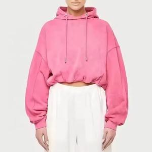 <b>Women</b> Oversized Cropped <b>Hoodie</b> <b>Pink</b> Puff Sleeve Solid Color Knitted Cotton Breathable Autumn Style - Product Image 2