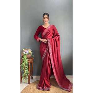 Fancy Rangoli Silk Saree con blusa sin costuras Swarovski Mirror Velvet Lace Work Listo para usar en rojo-Vestidos Casuales - Product Image 1