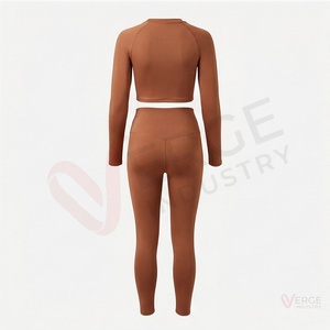 Women Brown <b>Long</b> Sleeve Crew Neck Crop <b>Top</b> High Waist Full Length <b>Leggings</b> 2 Piece Yoga Set - Product Image 2