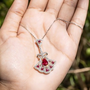 Elegant <b>Ruby</b> Teardrop Halo Jewelry Set Sterling Silver <b>Necklace</b> and Dangle Earrings Bridal Wedding Anniversary Gift for Women - Product Image 5