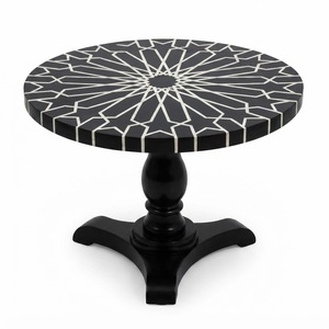 Table basse ronde en os incrusté, motif géométrique fait main, table centrale en résine monochromatique avec pieds en laiton, à vendre - Product Image 3