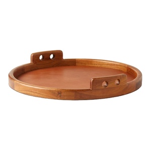 Plateau rond en bois de manguier avec poignées en cuir Plateau de service décoratif pour table basse et présentoir de cuisine - Product Image 1