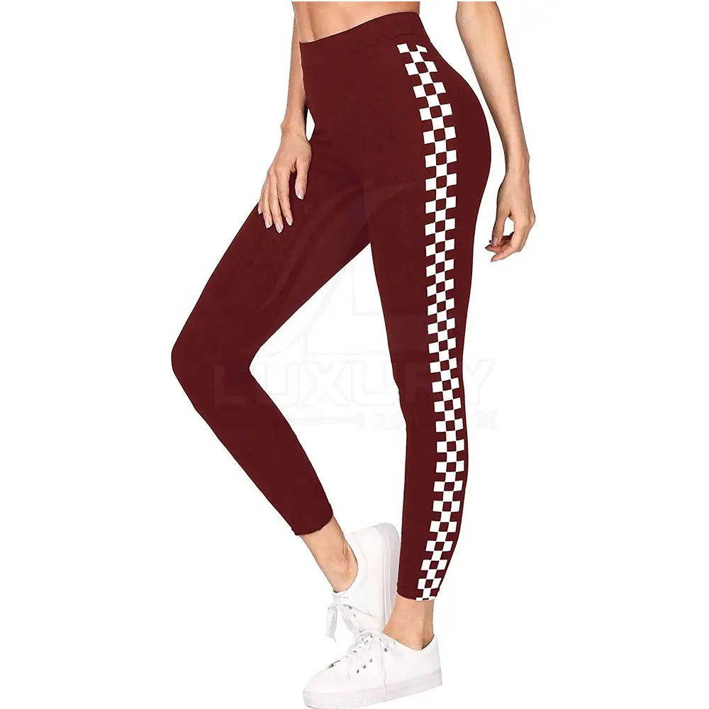 Fabrikant Fitness Yoga Leggings Gym Wear Maroon Kleur Check Streep Gedrukt Yoga Leggings